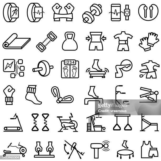 fitness gadgets, exercise and gym equipment outline icons - press ups stock illustrations