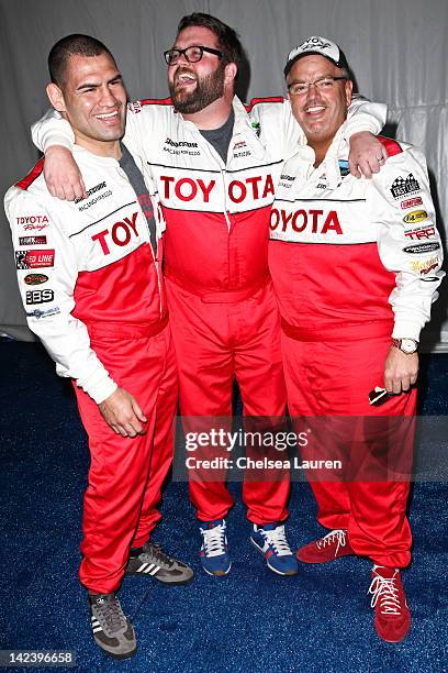 Fighter Cain Velasquez, TV personality Rutledge Wood and nightclub owner Jerry Westlund attend the 36th annual Toyota pro/celebrity race press day on...