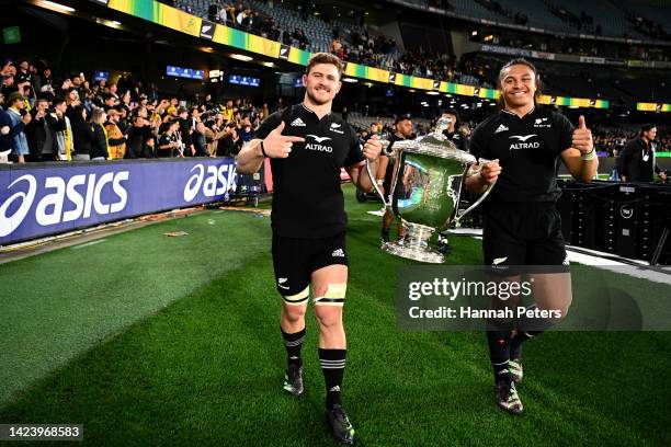 Dalton Papali’i and Caleb Clarke of the All Blacks celebrate after winning The Rugby Championship & Bledisloe Cup match between the Australia...