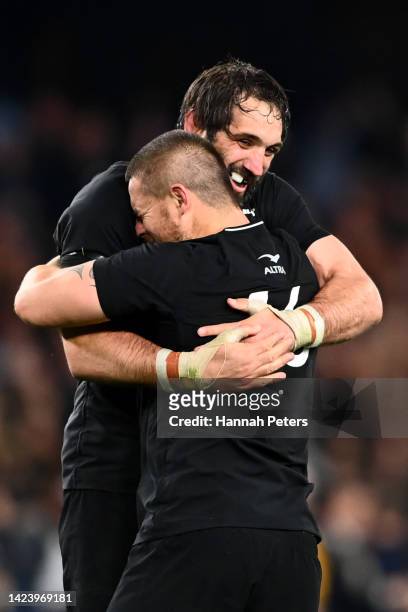 Sam Whitelock and Dane Coles of the All Blacks celebrate after winning The Rugby Championship & Bledisloe Cup match between the Australia Wallabies...