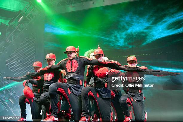 Perri Luc Kiely and Ashley Banjo of Diversity perform during the 2012 Digitized: In a Game Tour on stage at Nottingham Capital FM Arena on April 3,...