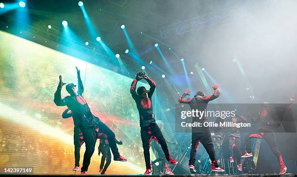 Ashley Banjo of Diversity performs during the 2012 Digitized: In a Game Tour on stage at Nottingham Capital FM Arena on April 3, 2012 in Nottingham,...