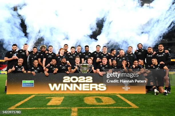 The All Blacks celebrate after winning The Rugby Championship & Bledisloe Cup match between the Australia Wallabies and the New Zealand All Blacks at...