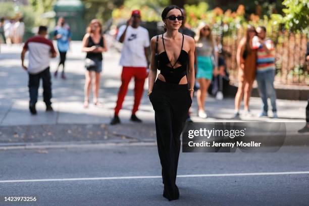 Mary Leest seen wearing a black look, outside PatBo Show during New York Fashion Week on September 10, 2022 in New York City.