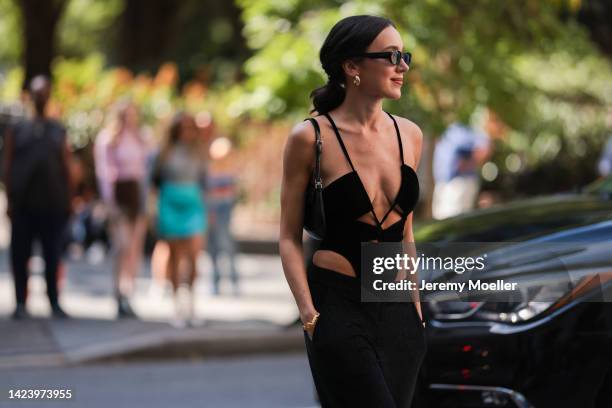 Mary Leest seen wearing a black look, outside PatBo Show during New York Fashion Week on September 10, 2022 in New York City.