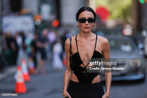 Mary Leest seen wearing a black look, outside PatBo Show during New York Fashion Week on September 10, 2022 in New York City.