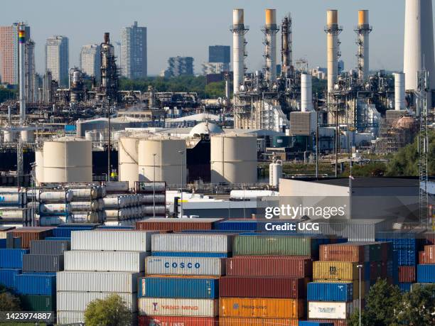 Massive oil refinery complex and container storage on the Maas Estuary, approaching Rotterdam, the Netherlands.