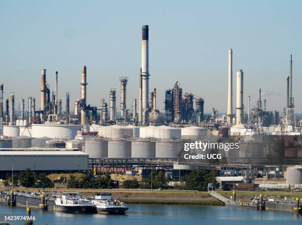 Massive oil refinery complex on the Maas Estuary, approaching Rotterdam, the Netherlands.