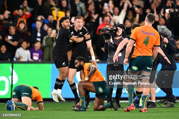 Jordie Barrett of the All Blacks celebrates after scoring the winning try with Richie Mo’unga of the All Blacks during The Rugby Championship &...