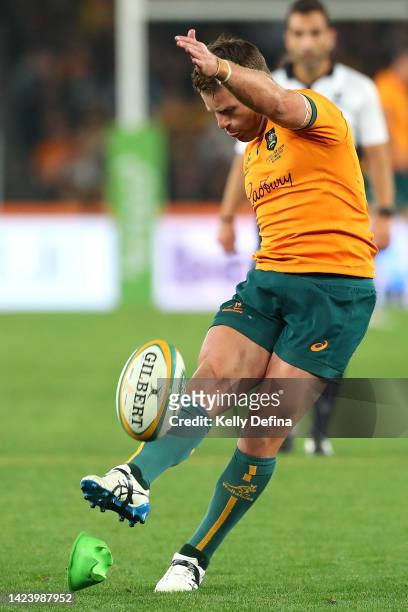 Bernard Foley of the Wallabies kicks a conversion during The Rugby Championship & Bledisloe Cup match between the Australia Wallabies and the New...
