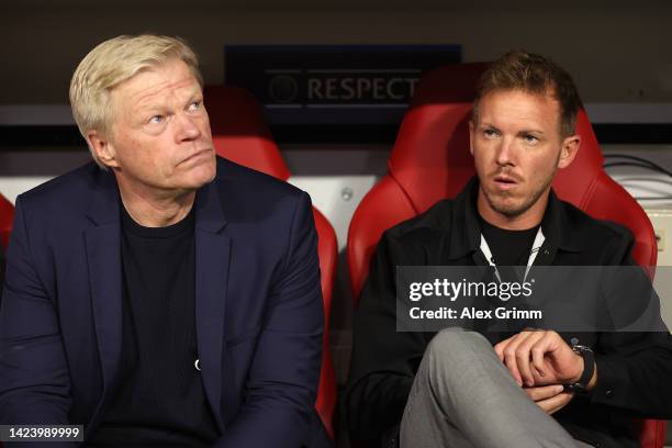 Chairman Oliver Kahn and head coach Julian Nagelsmann of Bayern Muenchen look on prior to the UEFA Champions League group C match between FC Bayern...