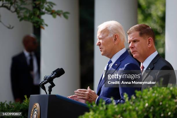 President Joe Biden speaks during an event in the Rose Garden of the White House with Labor Secretary Marty Walsh September 15, 2022 in Washington,...