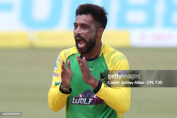 Mohammad Amir of Jamaica Tallawahs celebrates getting the wicket of David Miller of Barbados Royals during the Men's 2022 Hero Caribbean Premier...
