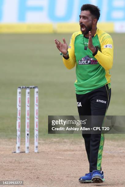 Mohammad Amir of Jamaica Tallawahs celebrates getting the wicket of David Miller of Barbados Royals during the Men's 2022 Hero Caribbean Premier...