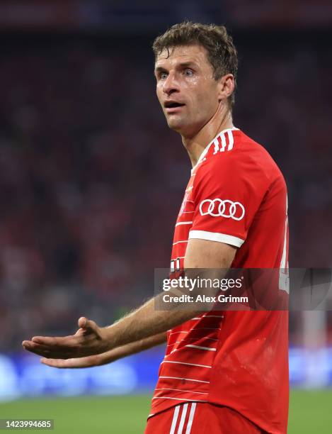 Thomas Mueller of Bayern Muenchen reacts during the UEFA Champions League group C match between FC Bayern München and FC Barcelona at Allianz Arena...