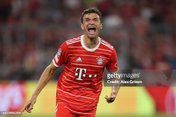 Thomas Mueller of Bayern Muenchen reacts during the UEFA Champions League group C match between FC Bayern München and FC Barcelona at Allianz Arena...