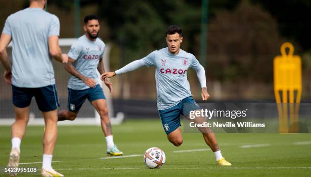 Philippe Coutinho of Aston Villa in action during a training session at Bodymoor Heath training ground on September 15, 2022 in Birmingham, England.