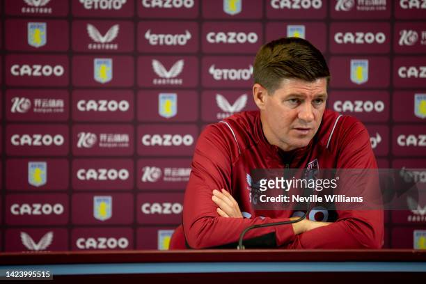 Steven Gerrard head coach of Aston Villa talsk to the press during press conference at Bodymoor Heath training ground on September 15, 2022 in...