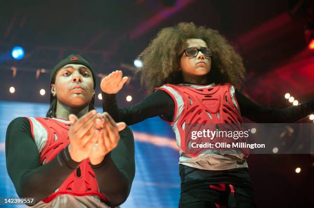 Jordan Banjo and Perri Kiely of Diversity perform during the 2012 Digitized: In a Game Tour on stage at Nottingham Capital FM Arena on April 3, 2012...