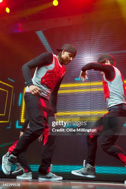 Jordan Banjo of Diversity performs during the 2012 Digitized: In a Game Tour on stage at Nottingham Capital FM Arena on April 3, 2012 in Nottingham,...
