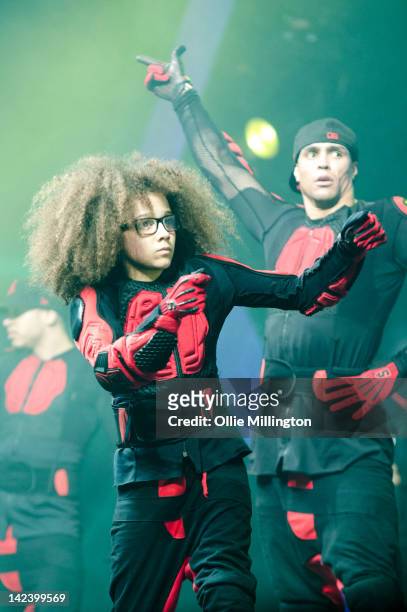 Perri Kiely and Ashley Banjo of Diversity perform during the 2012 Digitized: Trapped In a Game Tour on stage at Nottingham Capital FM Arena on April...