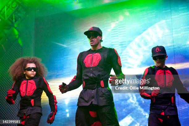 Perri Luc Kiely, Ashley Banjo and Mitchell Craske of Diversity perform during the 2012 Digitized: In a Game Tour on stage at Nottingham Capital FM...