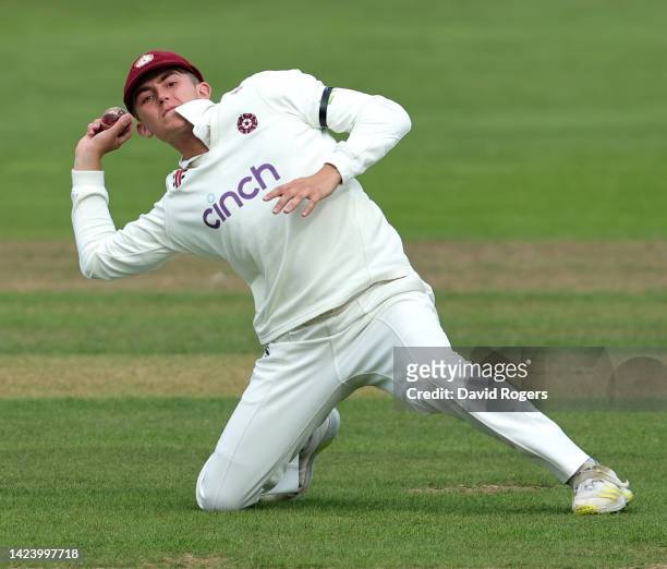 James Sales of Northamptonshire, throws the ball during the LV= Insurance County Championship match between Northamptonshire and Surrey at The County...