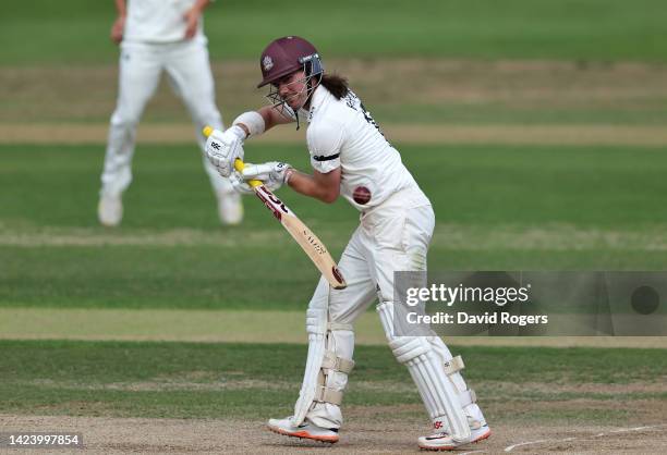 Rory Burns of Surrey plays the ball during the LV= Insurance County Championship match between Northamptonshire and Surrey at The County Ground on...