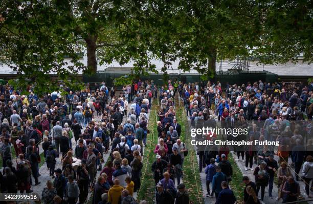 Members of the public wait in line to pay their respects to Queen Elizabeth II as she lays in state within Westminster Hall on September 15, 2022 in...