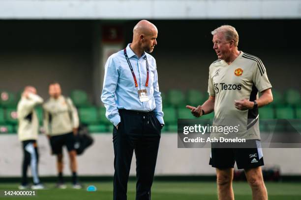 Manager Erik ten Hag and Assistant Coach Steve McClaren of Manchester United arrive ahead of the UEFA Europa League group E match between Sheriff...