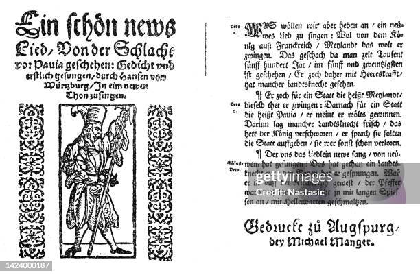 stockillustraties, clipart, cartoons en iconen met title and tert sample of an old print of the famous song of the landsknechts from the battle of pavia 1525 - rond de 15e eeuw