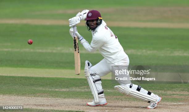 Lizaad Williams of Northamptonshire drives the ball during the LV= Insurance County Championship match between Northamptonshire and Surrey at The...