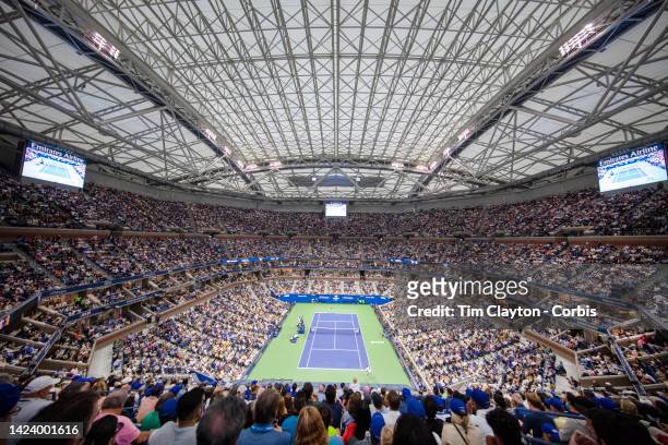 September 11: A general view of Carlos Alcaraz of Spain in action against Casper Ruud of Norway in the Men's Singles Final match on Arthur Ashe...