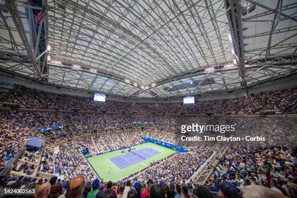 September 11: A general view of Carlos Alcaraz of Spain in action against Casper Ruud of Norway in the Men's Singles Final match on Arthur Ashe...
