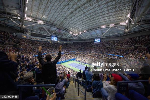 September 11: A general view of Carlos Alcaraz of Spain in action against Casper Ruud of Norway in the Men's Singles Final match on Arthur Ashe...