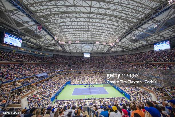 September 11: A general view of Carlos Alcaraz of Spain in action against Casper Ruud of Norway in the Mens Singles Final match on Arthur Ashe...