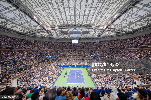 September 11: A general view of Carlos Alcaraz of Spain in action against Casper Ruud of Norway in the Men's Singles Final match on Arthur Ashe...