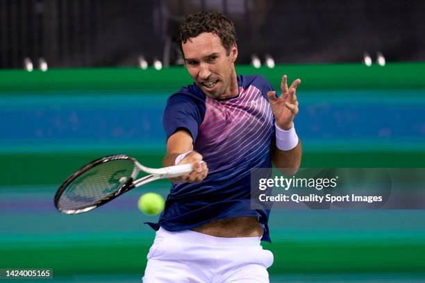 Mikhail Kukushkin of Kazakhstan in action on his match against Tommy Paul of the United States during the Davis Cup Group D match between United...