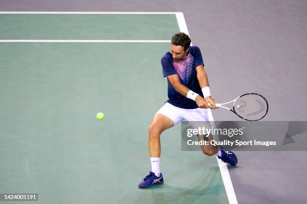 Mikhail Kukushkin of Kazakhstan in action on his match against Tommy Paul of the United States during the Davis Cup Group D match between United...