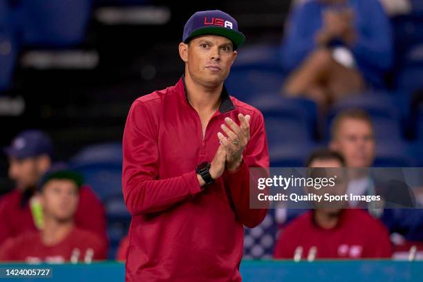 Bob Bryan, captain of The United States reacts during the Davis Cup Group D match between United States and Kazakhstan at Emirates Arena on September...