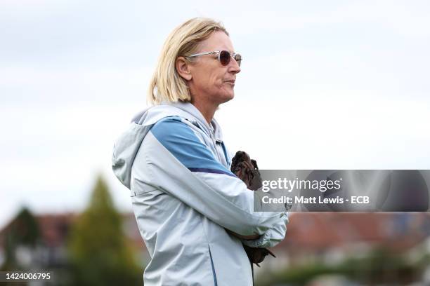 Lisa Keightley, Head Coach of England looks on prior to the 3rd Vitality IT20 match between England and India at Seat Unique Stadium on September 15,...