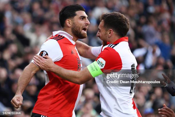 Alireza Jahanbakhsh of Feyenoord celebrates with teammate Orkun Kokcu after scoring their side's first goal during the UEFA Europa League group F...