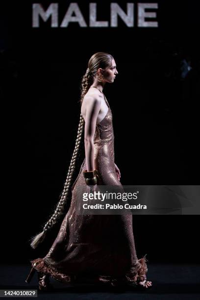 Model walks the runway at the Malne fashion show during Mercedes Benz Fashion Week Madrid September 2022 edition at IFEMA on September 15, 2022 in...