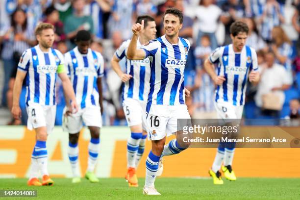 Ander Guevara of Real Sociedad celebrates after scoring their side's first goal during the UEFA Europa League group E match between Real Sociedad and...