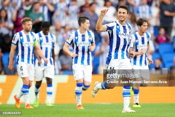 Ander Guevara of Real Sociedad celebrates after scoring their side's first goal during the UEFA Europa League group E match between Real Sociedad and...
