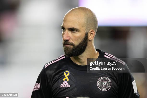 Gonzalo Higuaín of Inter Miami CF looks on against Columbus Crew at DRV PNK Stadium on September 13, 2022 in Fort Lauderdale, Florida.