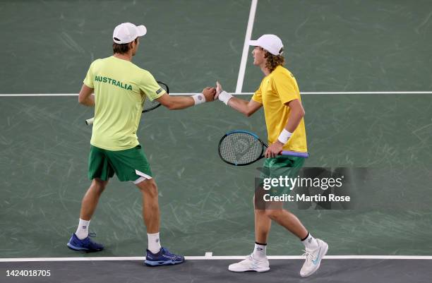 Matthew Ebden and Max Purcell of Australia celebrate a point against Nicolas Mahut and Arthur Rinderknech of France during the Davis Cup Group Stage...