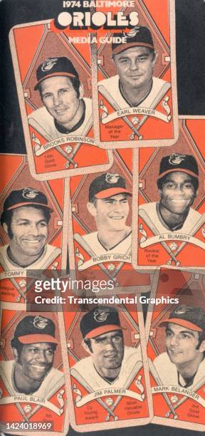 The front cover of the Baltimore Orioles baseball team's Media Guide, features portraits of several of the team's players, 1974. The players depicted...