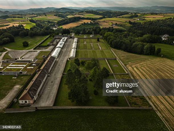 mauthausen concentration camp aerial view - mauthausen concentration camp stockfoto's en -beelden