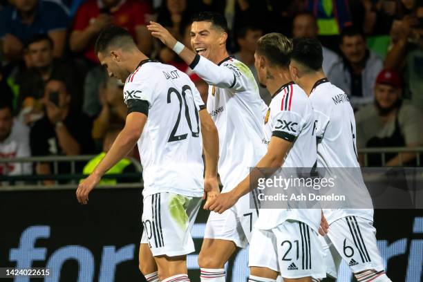Cristiano Ronaldo of Manchester United celebrates scoring their second goal during the UEFA Europa League group E match between Sheriff Tiraspol and...